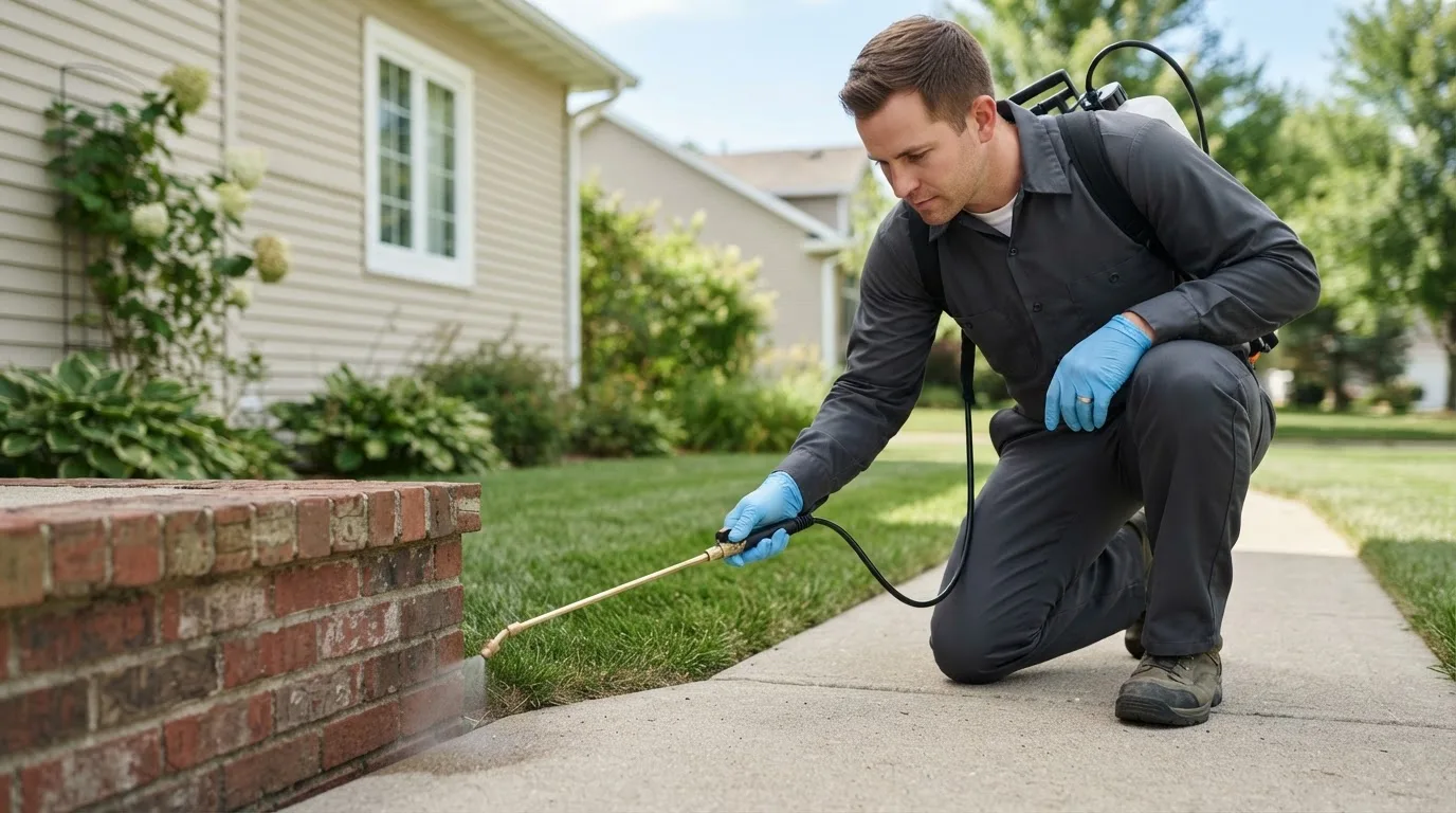 Pest control technician treating a home near Fackler, AL